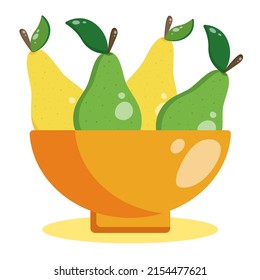 Kitchen bowl with green and yellow pears. Vector flat illustration of plate with fruit.