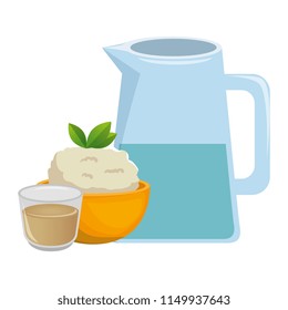 kitchen bowl with mashed potatoes and water jar