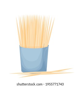 Kitchen box with toothpicks in cartoon flat style isolated on white background. Wooden, bamboo sticks. Dental care symbol vector illustration.