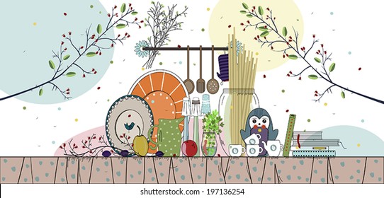 Kitchen with the branches of the wild rose
