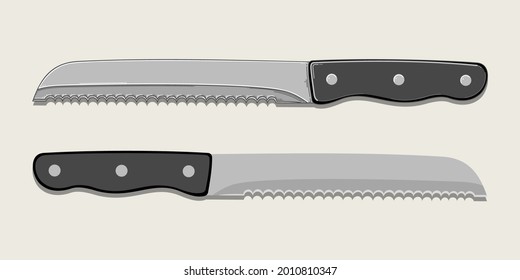 kitchen bread knife in two versions isolated on beige background. Vector illustration