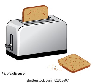 Kitchen bread toaster with fresh toasted bread inside and one bitten piece, vector illustration