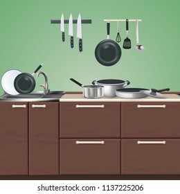 Kitchen brown furniture with realistic culinary utensils on green background 3d vector illustration