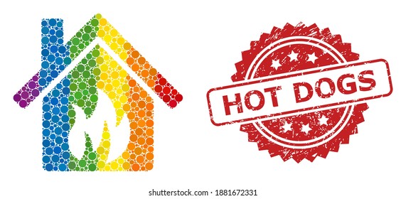 Kitchen building collage icon of round items in variable sizes and LGBT colored color tinges, and Hot Dogs corroded rosette stamp seal. A dotted LGBT-colored Kitchen building for lesbians, gays,