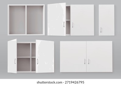 Kitchen cabinet 3d mockups set isolated on background. Vector realistic illustration of white wooden cupboards with open closed doors, metallic handles, empty shelves, home interior, furniture design