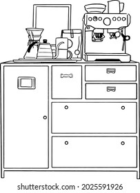 Kitchen Cabinet with Coffee machine and equipment Home Brewing Hand drawn line art vector illustration