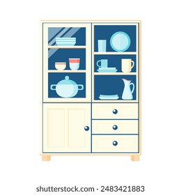 Gabinete de cocina con platos y utensilios Ilustración vectorial