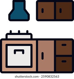 Kitchen Cabinet filled line Icon. Kitchen cabinet vector, modern kitchen storage icon, minimalist cabinet design, cooking space organization, kitchen furniture symbol