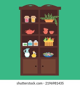 kitchen cabinet with groceries and utensils