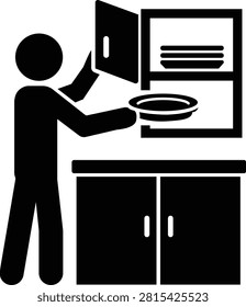 Kitchen Cabinet Icon, Putting Plate Away Pictogram, Dish Storage Symbol, Household Chore Vector, Black Stick Figure Silhouette
