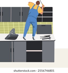 Kitchen cabinet installation and assembly. Worker installing and assembling furniture, apartment renovation, repair. Setting cabinetry. Hand drawn vector illustration.