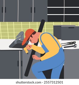 Kitchen cabinet installation and assembly. Worker installing and assembling furniture, apartment renovation, repair. Setting cabinetry. Hand drawn vector illustration.