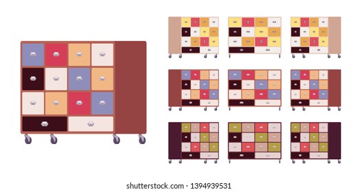 Kitchen cabinet storage cart. Compact rolling furniture equipped with box containers, multi-use home workspace. Vector flat style cartoon illustration isolated, white background, different view, color