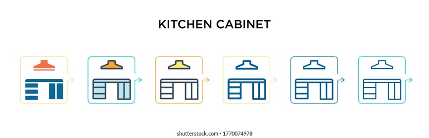 Icono vectorial del gabinete de cocina en 6 estilos modernos diferentes. Iconos negros, de dos colores en el armario de la cocina diseñados en el estilo relleno, contorno, línea y trazo. La ilustración vectorial puede utilizarse para la web, el móvil,