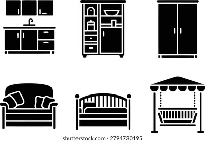 Kitchen cabinet wardrobe sofa bed garden swing icon collection in black style