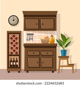 Kitchen Cabinet. Wine cabinet. Kitchen interior. Kitchen decor. Vector illustration.