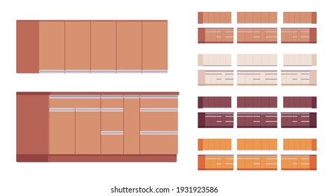 Kitchen cabinet wood set, drawers and shelves. Built-in furniture interior with shelving, cooking space. Vector flat style cartoon illustration isolated on white background, different colors and view