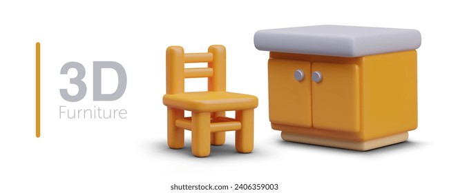 Kitchen cabinet with worktop and wooden fullback chair. Set of 3D furniture in cartoon style. Vector set of objects with shadows. Comfortable wooden country furniture