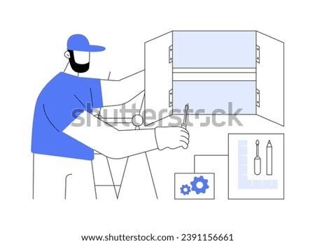 Kitchen cabinets installation abstract concept vector illustration. Contractor in uniform installs kitchen cabinets, furniture assembling service, rough interior works abstract metaphor.