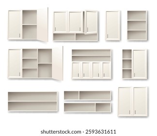 Kitchen cabinets mockup set. Vector furniture for design interior. Isolated home workspace equipment. Interior office or living room object Kitchen cabinets mockup set.