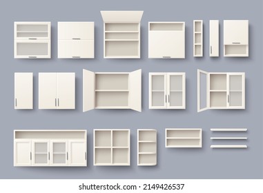Los armarios de la cocina se burlan. Mobiliario vectorial para interiores de diseño. Cabaña, armario, estantería y estantes colgados en la pared. Equipo de espacio de trabajo doméstico aislado