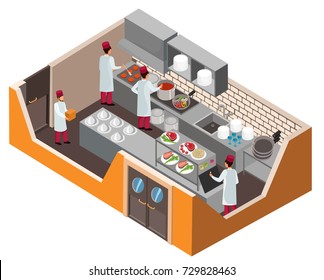 Kitchen of cafe or restaurant or canteen with cooks in modern isometric design. Vector interior concept illustration.