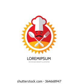 Kitchen, cafe, restaurant - vector logo template concept illustration. Chef hat, mustache, fork, spoon and sun. Sunny food sign. Design elements.