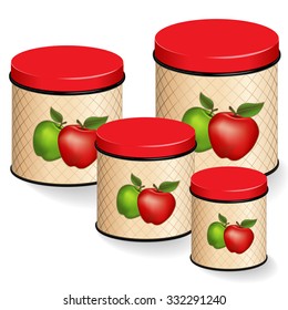 Kitchen Canisters Set. Red And Green Apple Design On Lattice Background. Group Of Four Food Storage Containers With Lids In Small, Medium, Large Sizes, Isolated On White. EPS8 Compatible. 