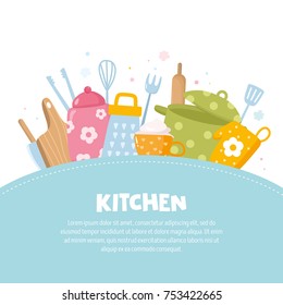 Kitchen card template. Frame with utensils. Kitchenware, cookware and tools set. Place for your text.