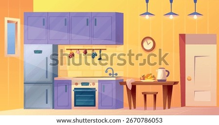 Kitchen cartoon interior. Cozy cooking room background, house furniture refrigerator dining table with fruit food cupboard stove hanging utensils yellow wall vector illustration original artwork