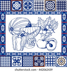 Kitchen ceramic tile artwork. Mosaic collage. Vegetables. Blue, white nectarines, watermelon, peppers, radishes.