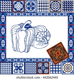 Kitchen ceramic tile artwork. Mosaic collage. Vegetables. Blue, white peppers.