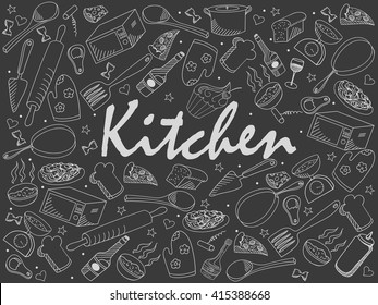 Kitchen chalk line art design vector illustration. Separate objects. Hand drawn doodle design elements.