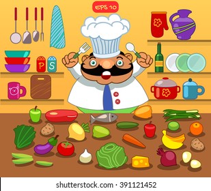Kitchen. Chef cartoon character. Kitchenware and food big vector set.