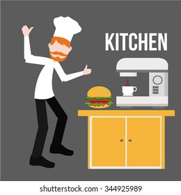 Kitchen and chef illustration over gray color background