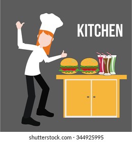 Kitchen and chef illustration over gray color background