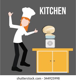 Kitchen and chef illustration over gray color background