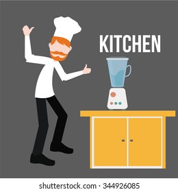 Kitchen and chef illustration over gray color background