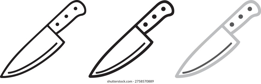 kitchen chef knife and sharp blade cooking tool icons set, flat outline vector, black and gray