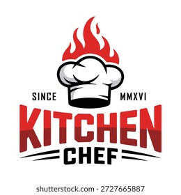 Küchenchef Logo Design mit Flammen und Koch Hut Grafik Symbol