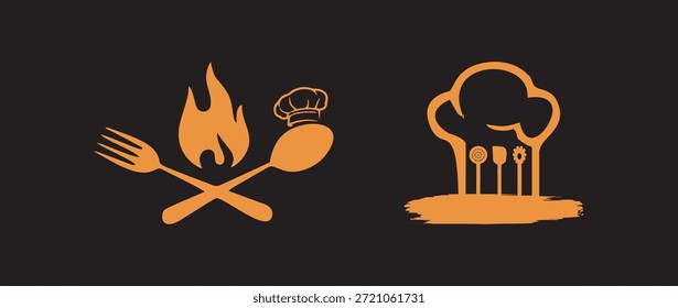 Diseño del logotipo del restaurante del chef de cocina, concepto de logotipo vintage de barbacoa. herramienta de parrilla con Plantilla de sello de llama de fuego. Ilustración vectorial, conjunto de Plantilla de logotipo de cocina