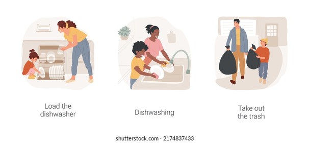 Kitchen chores isolated cartoon vector illustration set. Load the dishwasher, mother and child washing dishes together, kid helping father to take out the trash, daily routine vector cartoon.