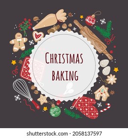 Kitchen and Christmas elements in round composition with title. Vector illustration on dark background with kitchen utensils,rolling pin,cookies,eggs. Flat design.