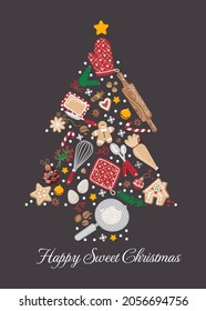 Kitchen and Christmas elements in  Christmas tree shape composition. Vector illustration on white background with kitchen utensils,rolling pin,cookies,eggs. Flat design.