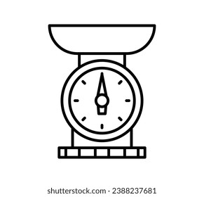 Kitchen classic scales with weighing bowl. Analogue mechanical food scales. Vector illustration. Outline object isolated on white background. Icon for web.