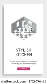 The kitchen is in a classic simple style. It includes a room, a refrigerator, furniture, an oven, a kettle, a sink, and microwave. Stylish vector isometric illustration on a white background.