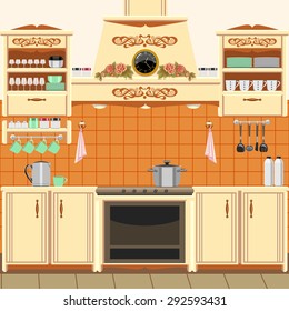 Kitchen in classical style, oven and appliances.