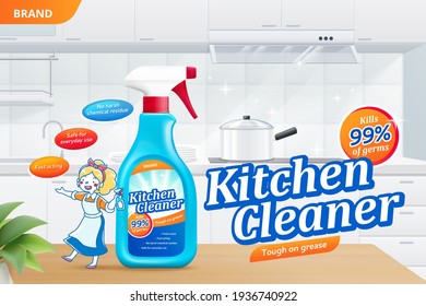 Kitchen cleaner spray ad template, realistic spray bottle with cartoon woman on table, 3d illustration. Surface cleaner bottle in home kitchen.