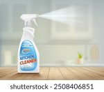 Kitchen cleaner spray bottle on the table in the kitchen. Stock vector illustration