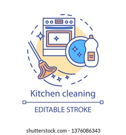 Kitchen cleaning concept icon. Home cleanup idea thin line illustration. Stove and sink washing. Mopping, wiping, dusting. Refrigerator defrosting. Vector isolated outline drawing. Editable stroke